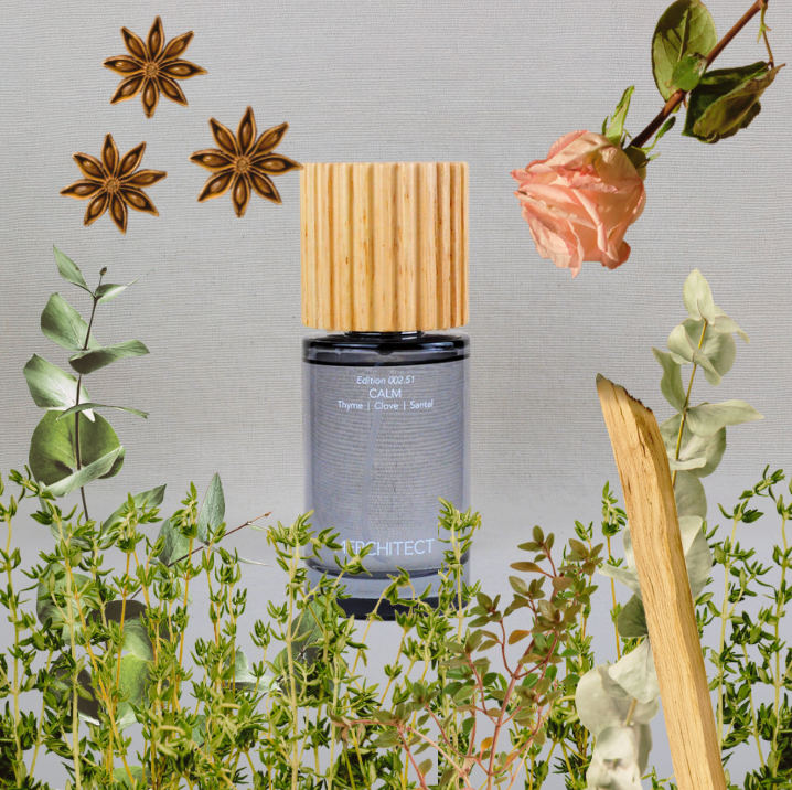 CALM fragrance mist surrounded by thyme, flowers, and warm botanical notes